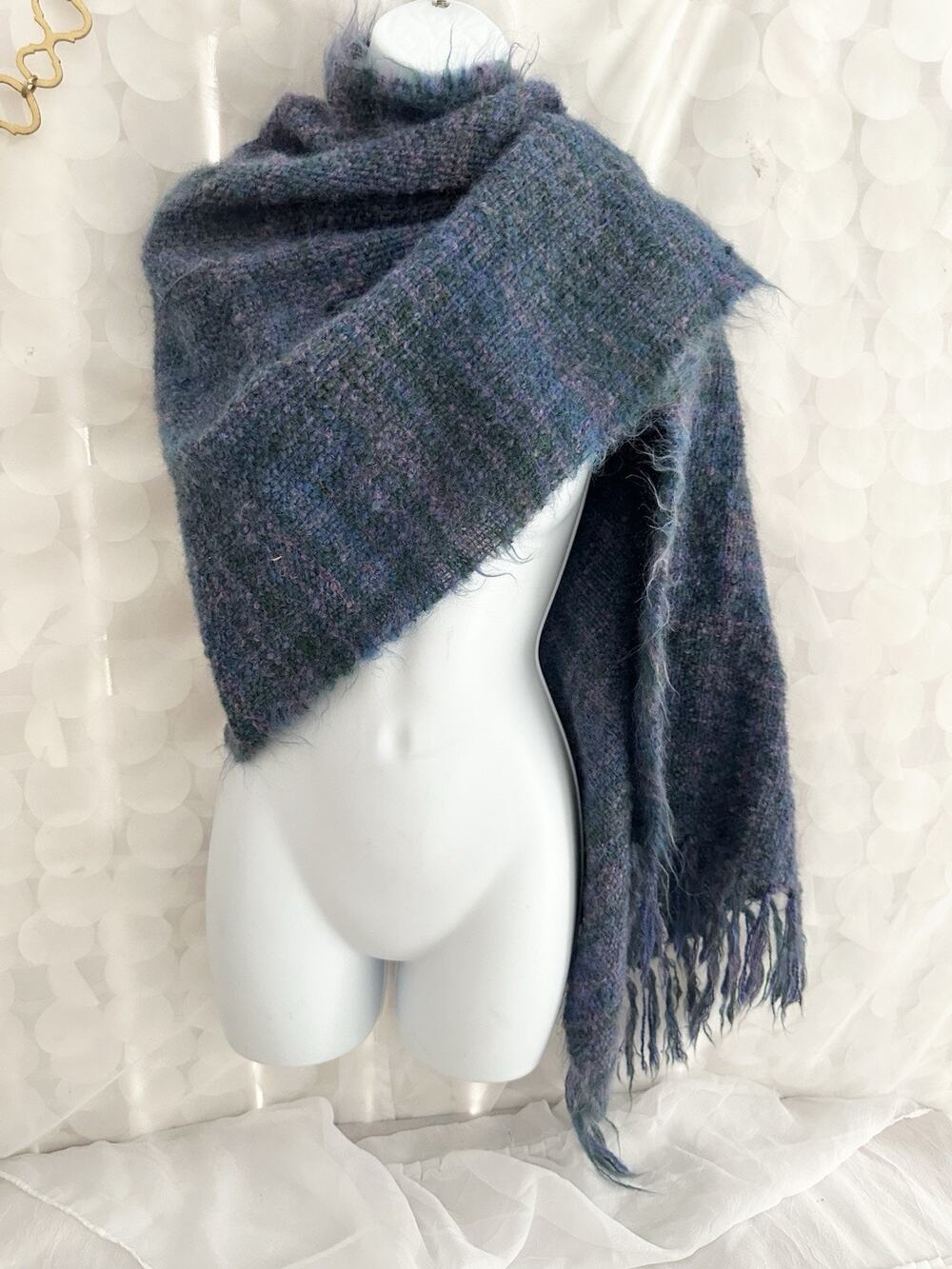 Vintage Wool & Mohair Pashmina Scarf Wrap Purple Blue Green Fringe Boho 25 X 68”